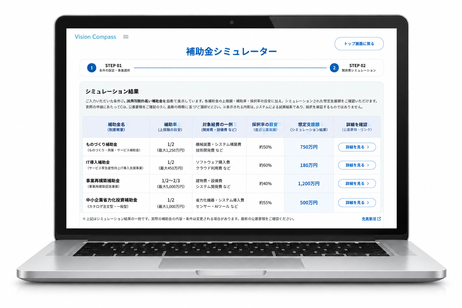 VisionCompassの補助金シミュレーターを表示したPCのイメージ